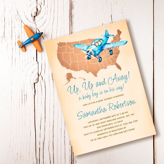 おもちゃ飛行機ヴィンテージ旅行地図ボーイベビーシャワー 招待状