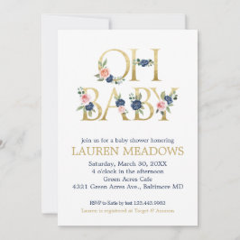 おやすみベイビー 水彩 ネイビー＆コーラル フラワー ベイビーシャワー 招待状