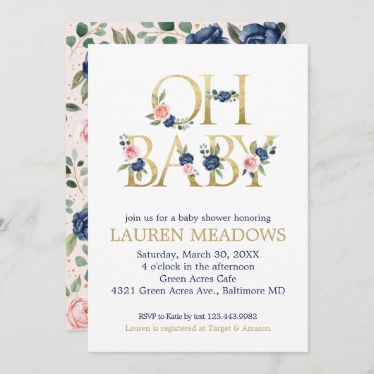 おやすみベイビー 水彩 ネイビー＆コーラル フラワー ベイビーシャワー 招待状 (正面/裏面)