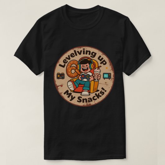 おやつでレベルアップ!面白いピクセルアートゲーマー Tシャツ (デザイン正面)