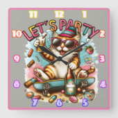 おやつやドリンクでスケートボード猫! スクエア壁時計 (正面)