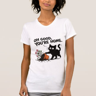 おや帰って来たのね 面白い黒猫の植木鉢 Tシャツ