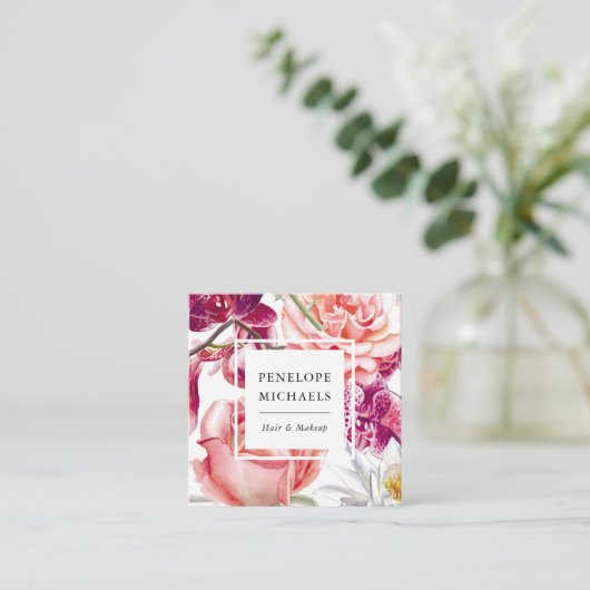 およびかわいらしフローラスクアカラフルーク・ビジネス・カード スクエア名刺 (スタンド正面)