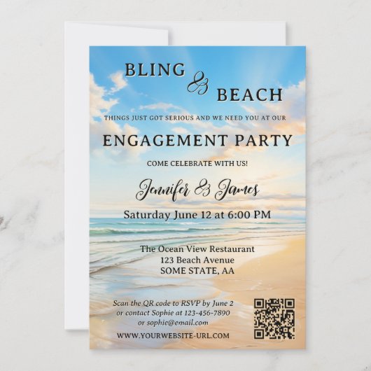 およびきらきら光るビーチフォト婚約 招待状 (正面)