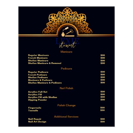 およびエレガント高級爪、 ネイル技術価格表 ポスター (正面)