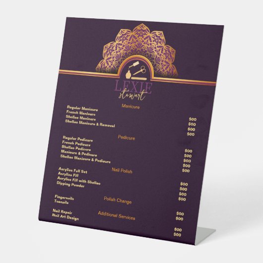 およびエレガント高級爪、 ネイル技術価格表 台座サイン (正面)