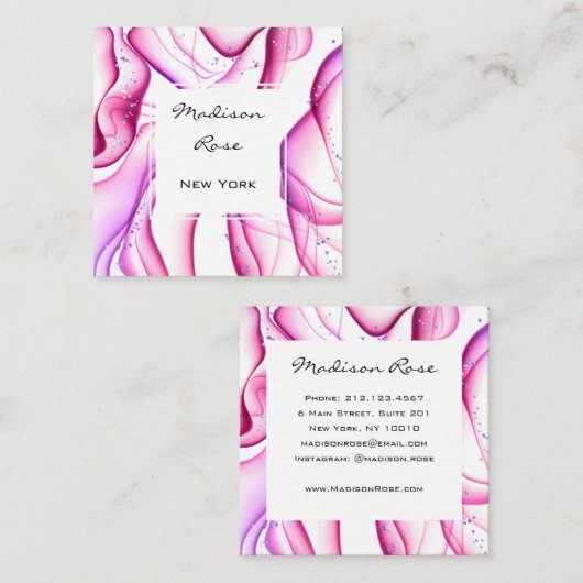 およびガーリートレンディーピンクパープルホワイトインク&スパークル スクエア名刺 (正面/裏面)