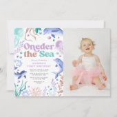 おんでもと海のイルカ・レトロ風1歳誕生日写真 招待状 (正面)