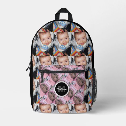 おカスタマイズり2枚のフォトパターンのモノグラムブラック プリントバックパック (正面)