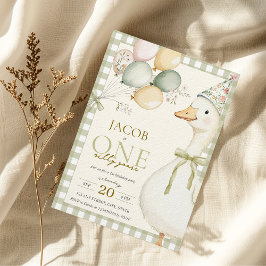 おバカなあひるのグリーンギンガム　１歳の誕生日 招待状