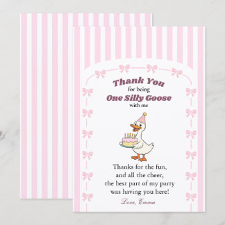 おバカなキジちゃんのピンクのリボンの女の子の1歳の誕生日パーティー サンキューカード