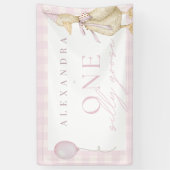 おバカなキジのギンガムピンクの女の子の1歳の誕生日 横断幕 (縦)