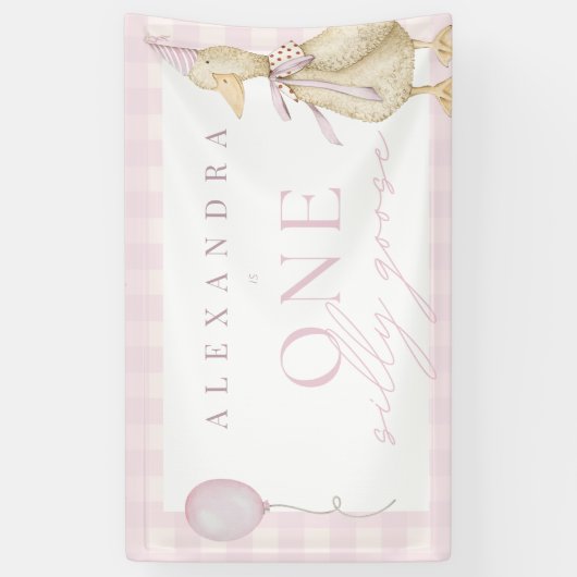 おバカなキジのギンガムピンクの女の子の1歳の誕生日 横断幕 (縦)