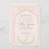 おバカなキジのピンクのリボンの花の1歳の誕生日 招待状 (正面/裏面)