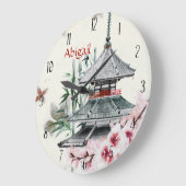 おパーソナライズされた寺、竹、さくらんぼ花日本 ラージ壁時計 (傾斜)