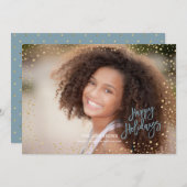 おモダンめでとう金ゴールド&グレーブルーレタリング シーズンカード (正面/裏面)