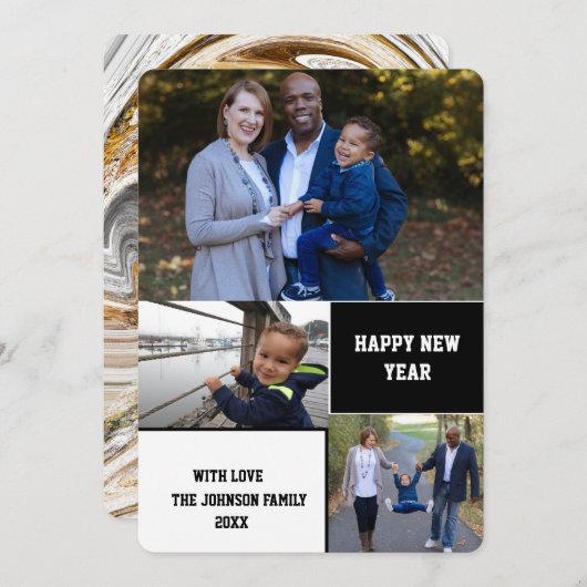おモダンめでとう3年の写真コラージュ シーズンカード (正面/裏面)