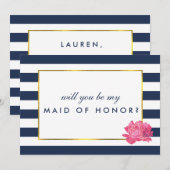 お世話係になってカード | ネイビーストライプ ピンクピーオニー 招待状 (正面/裏面)