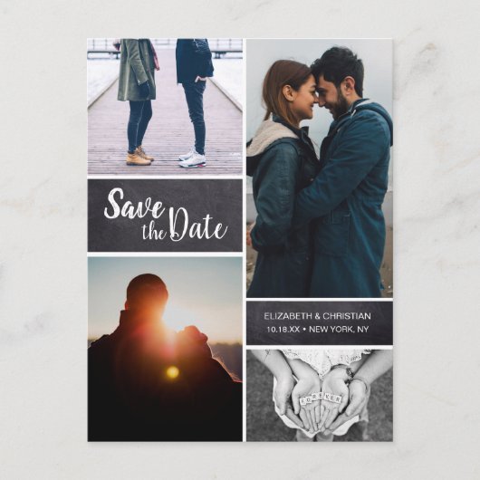 お二人だけの特別な、縦型の「Save the Date」写真コラージュ 案内ポストカード (正面)