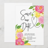 お二人の大切な日をお知らせ ピンクとレモン フラワー ウェディング 招待状 (正面/裏面)