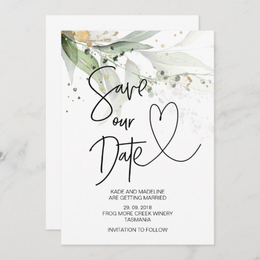 お二人の記念日をエレガントに緑のユーカリで飾る結婚式のご案内 招待状 (正面/裏面)