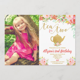 お二人様向け フラワーピンク ゴールド 2歳の誕生日写真 招待状