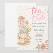 お二人用ピンクの花の紅茶パーティー誕生日招待状 招待状 (正面/裏面)