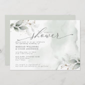 お二人素朴のシャワーほこりっぽい緑の葉が広がる 招待状 (正面/裏面)