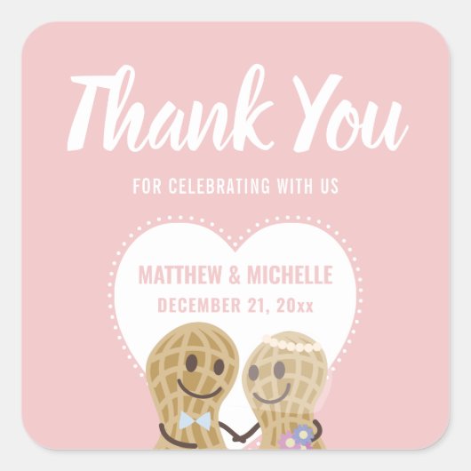 お互いにピンクのナッツかわいい結婚ありがとう スクエアシール (正面)