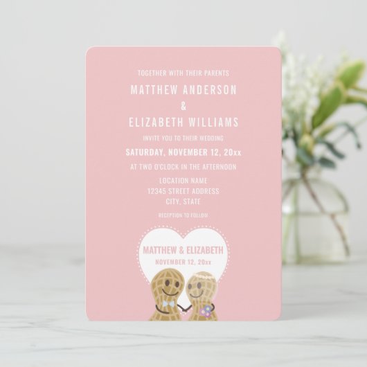 お互いに夢中なキュートなピンクの結婚式 招待状 (スタンド正面)