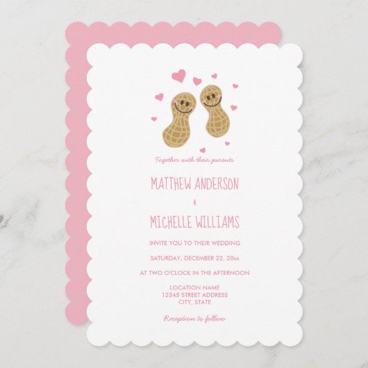 お互いに夢中なピンクのウェディングエンゲージメント 招待状 (正面/裏面)