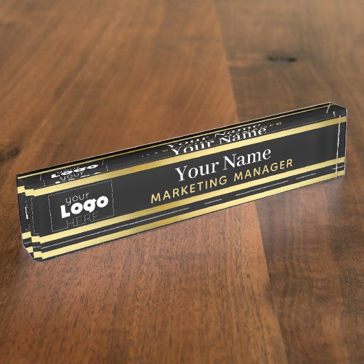 お使いのカスタムロゴの黒と金ゴールドデスクトップ名プレート デスクネームプレート (側面)