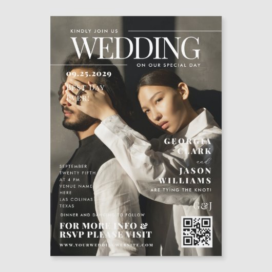 お使いのカスタム写真 |雑誌表紙ユニーク結婚の マグネット招待状 (正面)