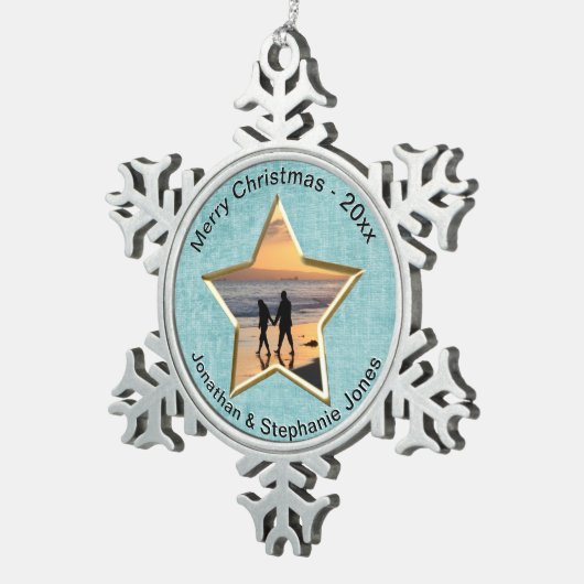 お使いのテキストと写真:アクアスター形の写真枠 スノーフレークピューターオーナメント (右)