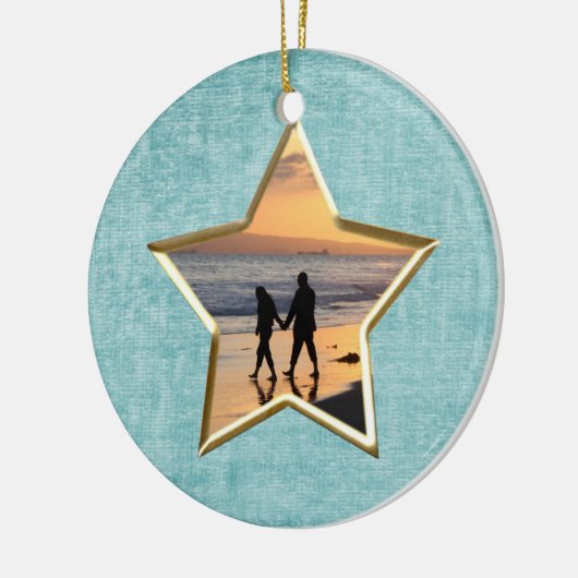 お使いのテキストと写真:アクアスター形の写真枠 セラミックオーナメント (左)