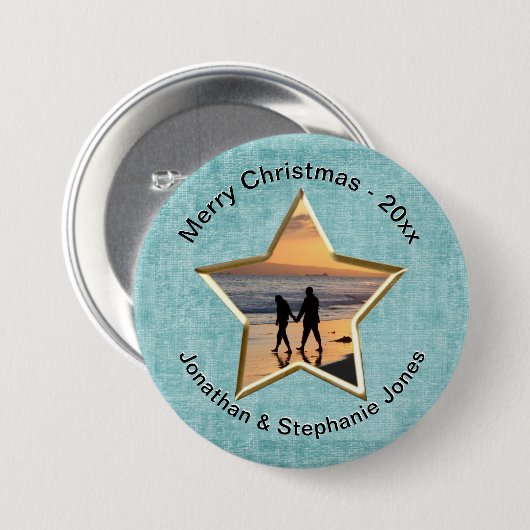 お使いのテキストと写真:アクアスター形の写真枠 缶バッジ (正面&裏面)