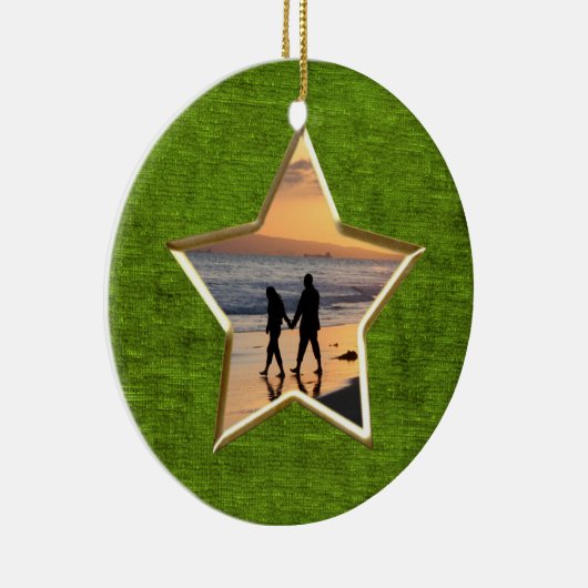 お使いのテキストと写真:緑の星形の写真枠 セラミックオーナメント (右)