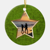 お使いのテキストと写真:緑の星形の写真枠 セラミックオーナメント (正面)