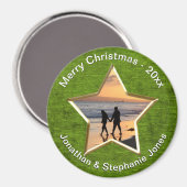 お使いのテキストと写真：緑の星形の写真枠 マグネット (正面/裏面)