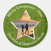 お使いのテキストと写真：緑の星形の写真枠 マグネット (正面)