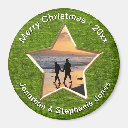 お使いのテキストと写真：緑の星形の写真枠 マグネット (正面)