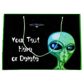 お使いのテキスト&カラークールグリーンエイリアンシルバーUFO ラージペーパーバッグ (正面)