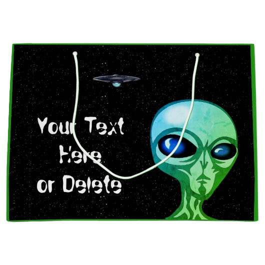 お使いのテキスト&カラークールグリーンエイリアンシルバーUFO ラージペーパーバッグ (正面)