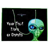 お使いのテキスト&カラークールグリーンエイリアンシルバーUFO ラージペーパーバッグ (裏面)