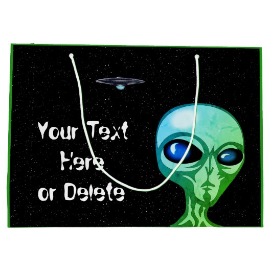 お使いのテキスト&カラークールグリーンエイリアンシルバーUFO ラージペーパーバッグ (裏面)