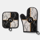 お使いのパーソナライズされたレター白黒チェック大理石 鍋つかみ&鍋敷きセット (正面)