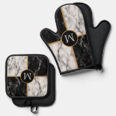 お使いのパーソナライズされたレター白黒チェック大理石 鍋つかみ&鍋敷きセット (正面/裏面)