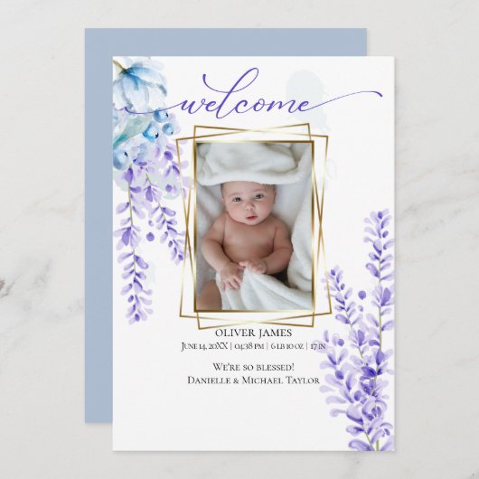お使いのベビーフォトウォーターカラーラベンダー – Dusty Blue 招待状 (正面/裏面)