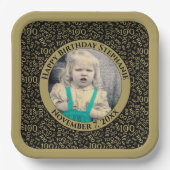 お使いの写真100乱数パターンブラック/金ゴールド ペーパープレート (正面)