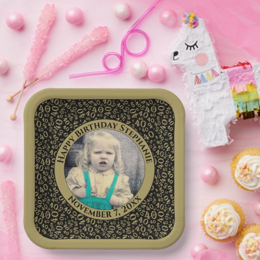 お使いの写真40乱数パターンブラック/金ゴールド ペーパープレート (パーティー)